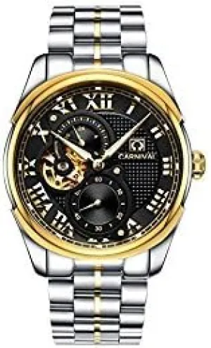 Carnival Men's Automatic Mechanical Watch Retro Roman Applique Analog Luminous Stainless Stell Band (Gold White)