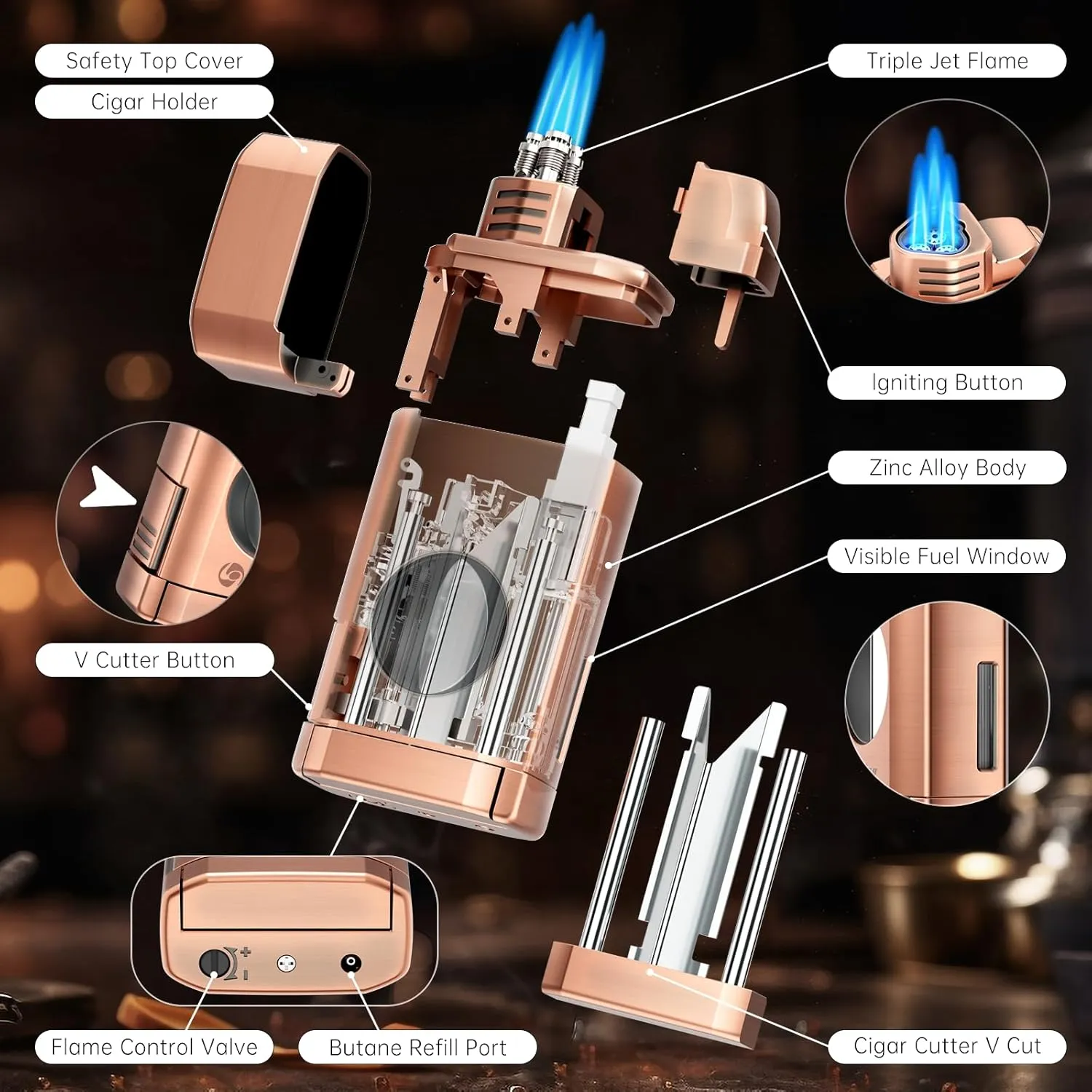 Cigar Lighter Gifts for Men, Multi-Function Torch Lighter Built-in One-Touch Cigar Cutter V Cut and Cigar Holder, Triple Jet Flame Butane Lighters Cigar Accessories (Bronze)