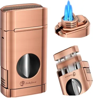 Cigar Lighter Gifts for Men, Multi-Function Torch Lighter Built-in One-Touch Cigar Cutter V Cut and Cigar Holder, Triple Jet Flame Butane Lighters Cigar Accessories (Bronze)
