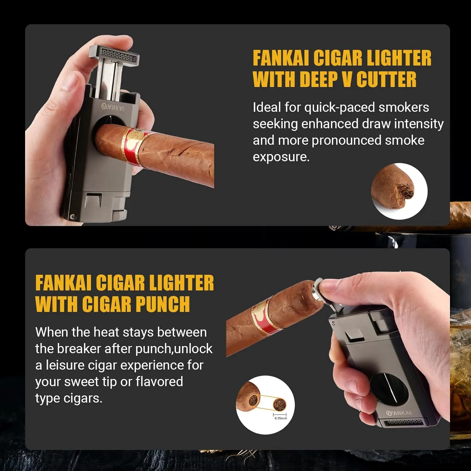 Cigar Lighter with Cutter & Punch, Refillable Torch Lighter with Double Jet Flame, Windproof Butane Lighter for Smoking, Cigar Gift for Men (Butane Not Included) (Gray)