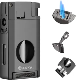 Cigar Lighter with Cutter & Punch, Refillable Torch Lighter with Double Jet Flame, Windproof Butane Lighter for Smoking, Cigar Gift for Men (Butane Not Included) (Gray)