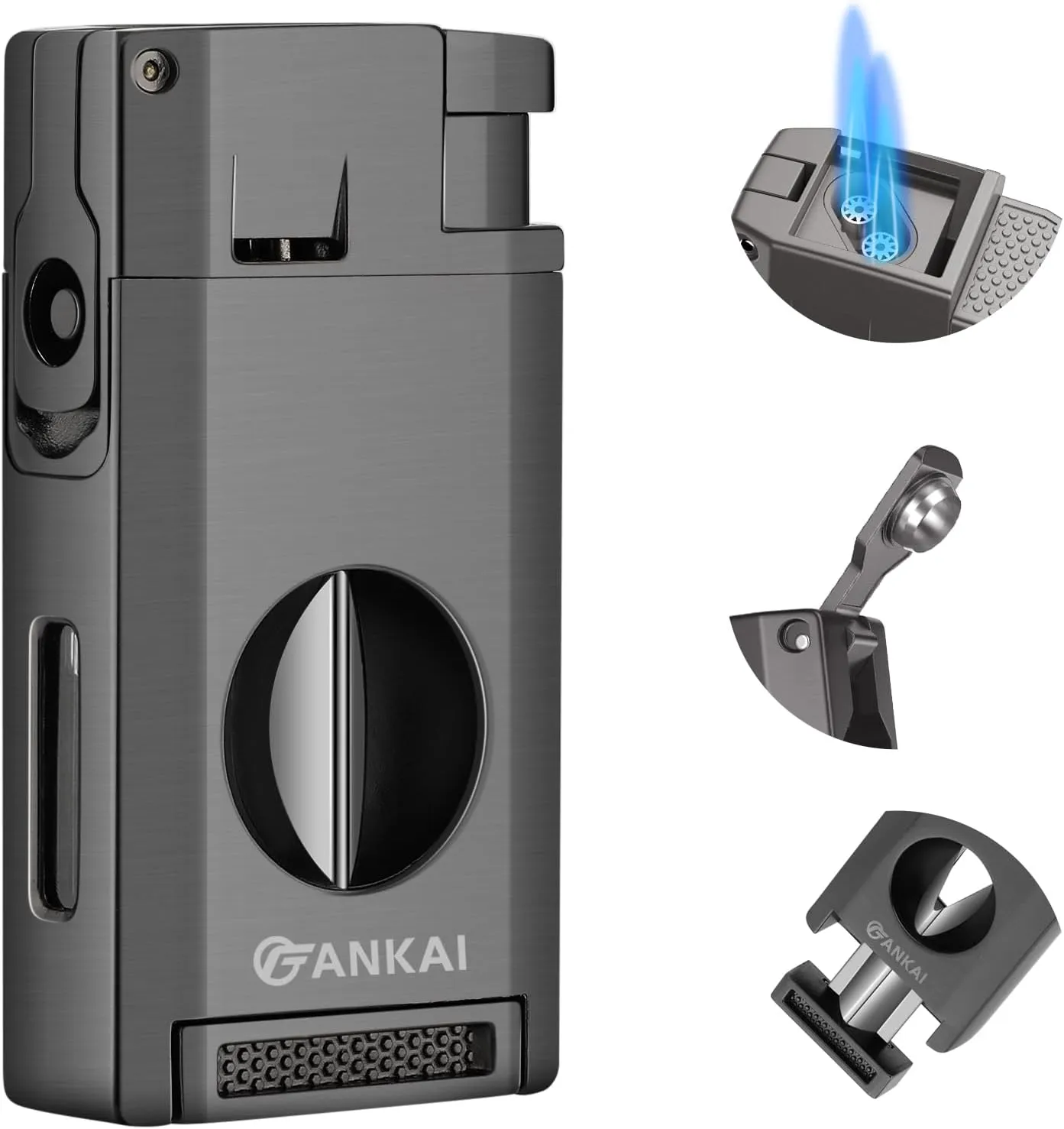 Cigar Lighter with Cutter & Punch, Refillable Torch Lighter with Double Jet Flame, Windproof Butane Lighter for Smoking, Cigar Gift for Men (Butane Not Included) (Gray)