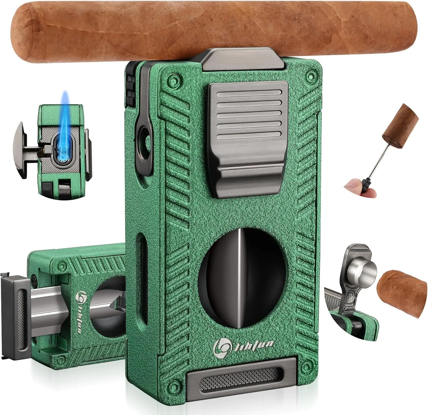 Cigar Torch Lighter, All in 1 Cigar Lighter Built in Cigar Cutter V Cut Cigar Holder Punch Draw Enhancer, Double Jet Flame Refillable Butane Lighters for Smoking, Gifts for Men