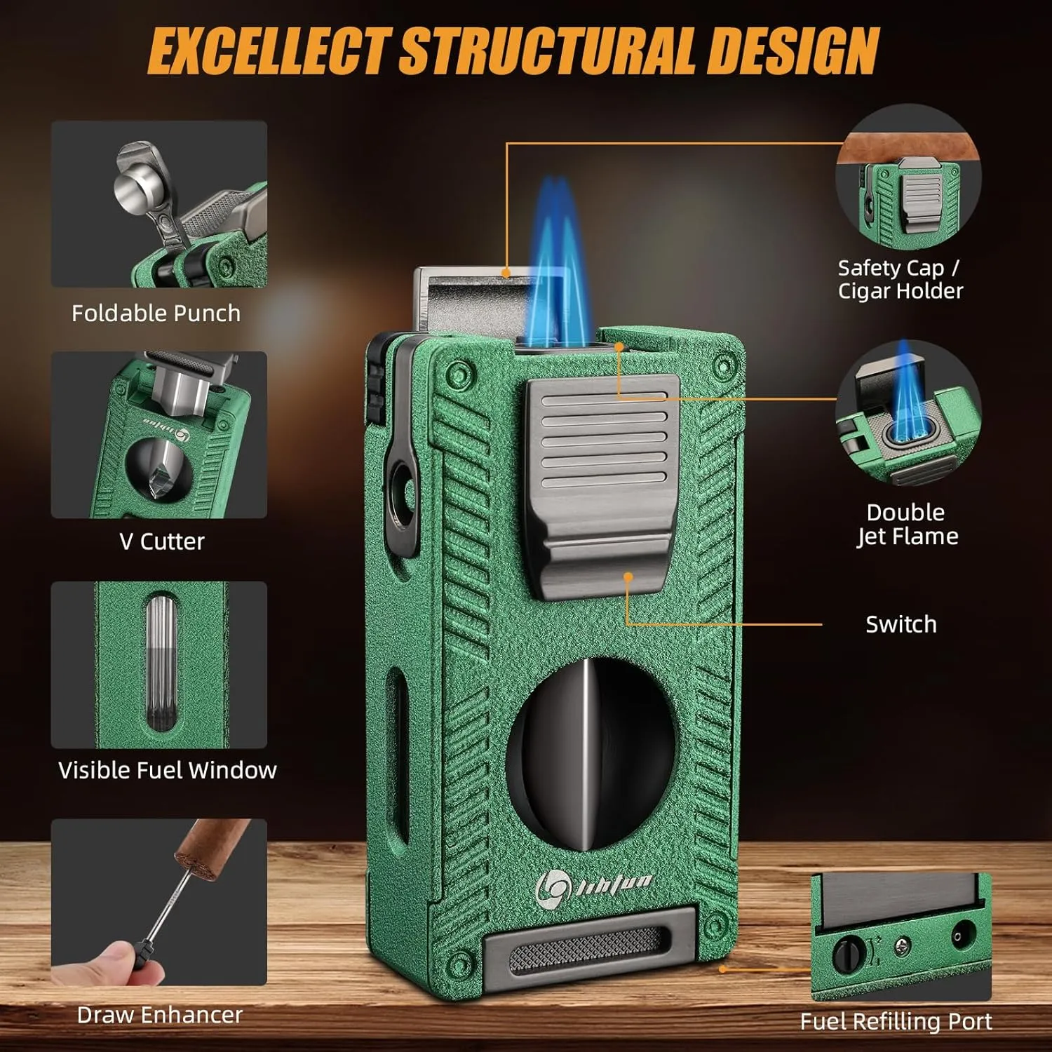 Cigar Torch Lighter, All in 1 Cigar Lighter Built in Cigar Cutter V Cut Cigar Holder Punch Draw Enhancer, Double Jet Flame Refillable Butane Lighters for Smoking, Gifts for Men