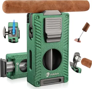 Cigar Torch Lighter, All in 1 Cigar Lighter Built in Cigar Cutter V Cut Cigar Holder Punch Draw Enhancer, Double Jet Flame Refillable Butane Lighters for Smoking, Gifts for Men