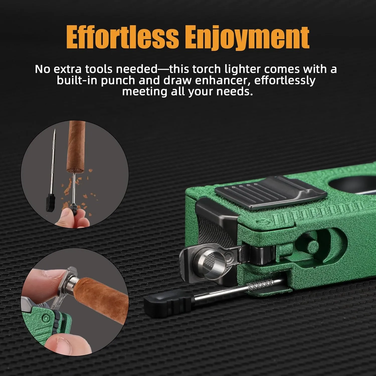 Cigar Torch Lighter, All in 1 Cigar Lighter Built in Cigar Cutter V Cut Cigar Holder Punch Draw Enhancer, Double Jet Flame Refillable Butane Lighters for Smoking, Gifts for Men