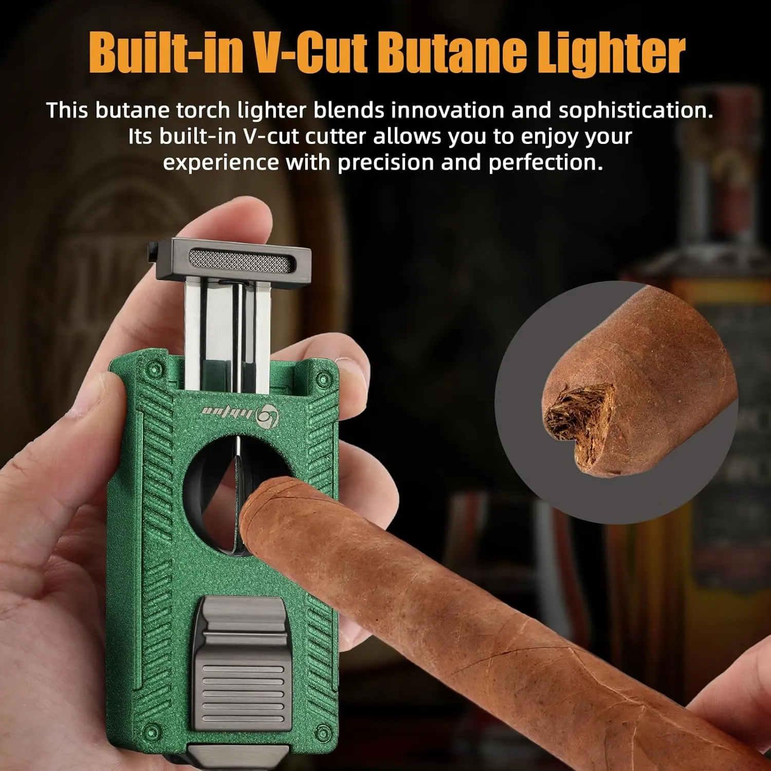 Cigar Torch Lighter, All in 1 Cigar Lighter Built in Cigar Cutter V Cut Cigar Holder Punch Draw Enhancer, Double Jet Flame Refillable Butane Lighters for Smoking, Gifts for Men