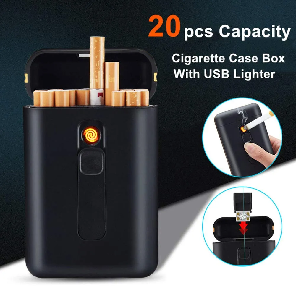 Cigarette Case with Lighter Cigarettes Box King Size Portable Pack 20pcs Regular Size Cigarettes USB Lighters 2 in 1 Rechargeable Flameless Windproof Electric Lighter(Black)