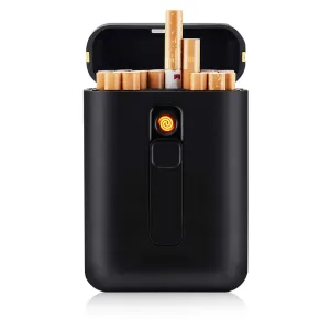 Cigarette Case with Lighter Cigarettes Box King Size Portable Pack 20pcs Regular Size Cigarettes USB Lighters 2 in 1 Rechargeable Flameless Windproof Electric Lighter(Black)