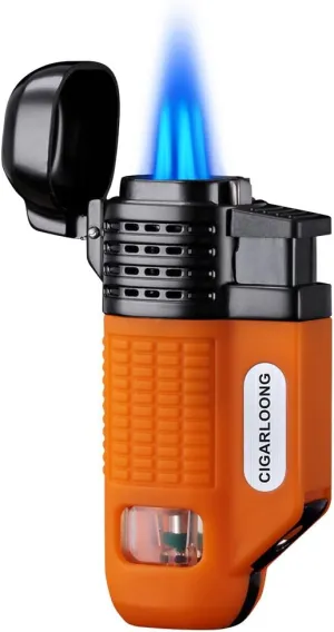 CIGARLOONG Cigar Lighter 4 Jet Torch Blue Flames Refillable Butane Torch Lighter with Cigar Punch (Color:Orange)