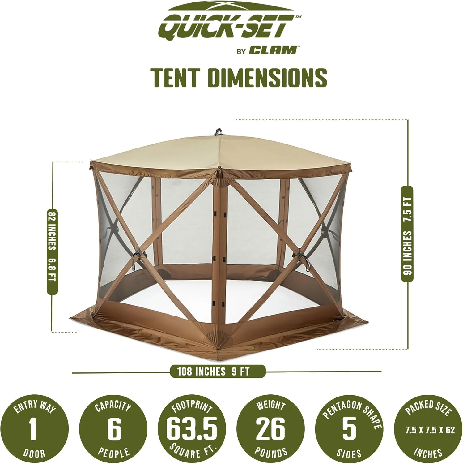 CLAM Quick Set Venture 9 x 9 Foot Portable Outdoor Camping Canopy Shelter, Brown Quick Set Screen Hub Tent Wind & Sun Panels, Brown (2 Pack)