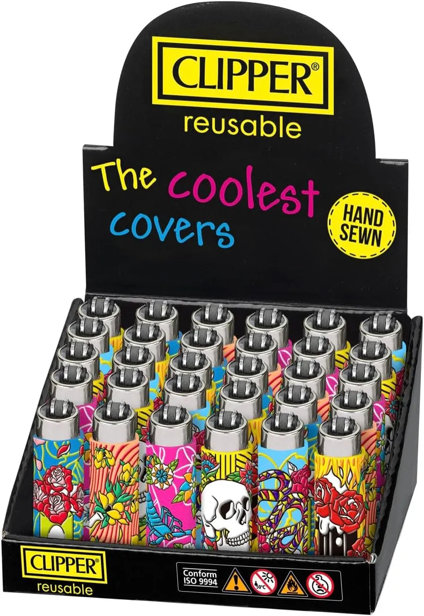 Clipper Lighters - Collection of 4 - Refillable and Re-flintable - with Options to Choose from. 4 Pack. (Pop-Up Cover Spring)