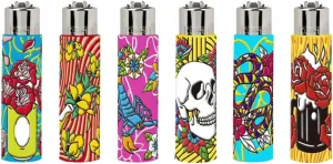 Clipper Lighters - Collection of 4 - Refillable and Re-flintable - with Options to Choose from. 4 Pack. (Pop-Up Cover Spring)