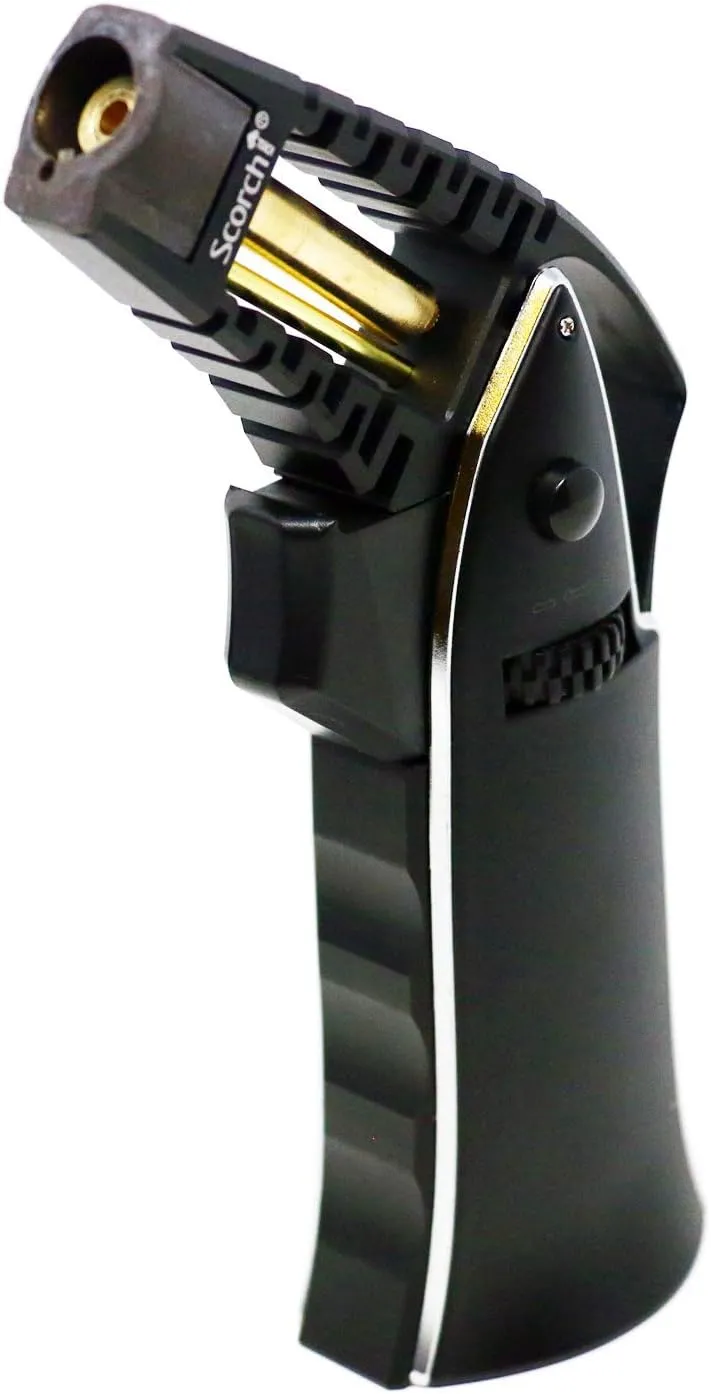 CNC Machined 6.75" Tall Handheld Aluminum Flame Adjustable Butane Refillable Torch In Gift Box (Black #2)