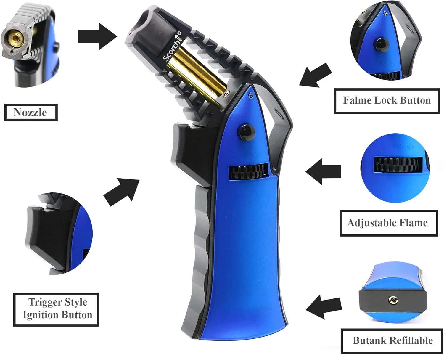 CNC Machined 6.75" Tall Handheld Aluminum Flame Adjustable Butane Refillable Torch In Gift Box (Black #2)