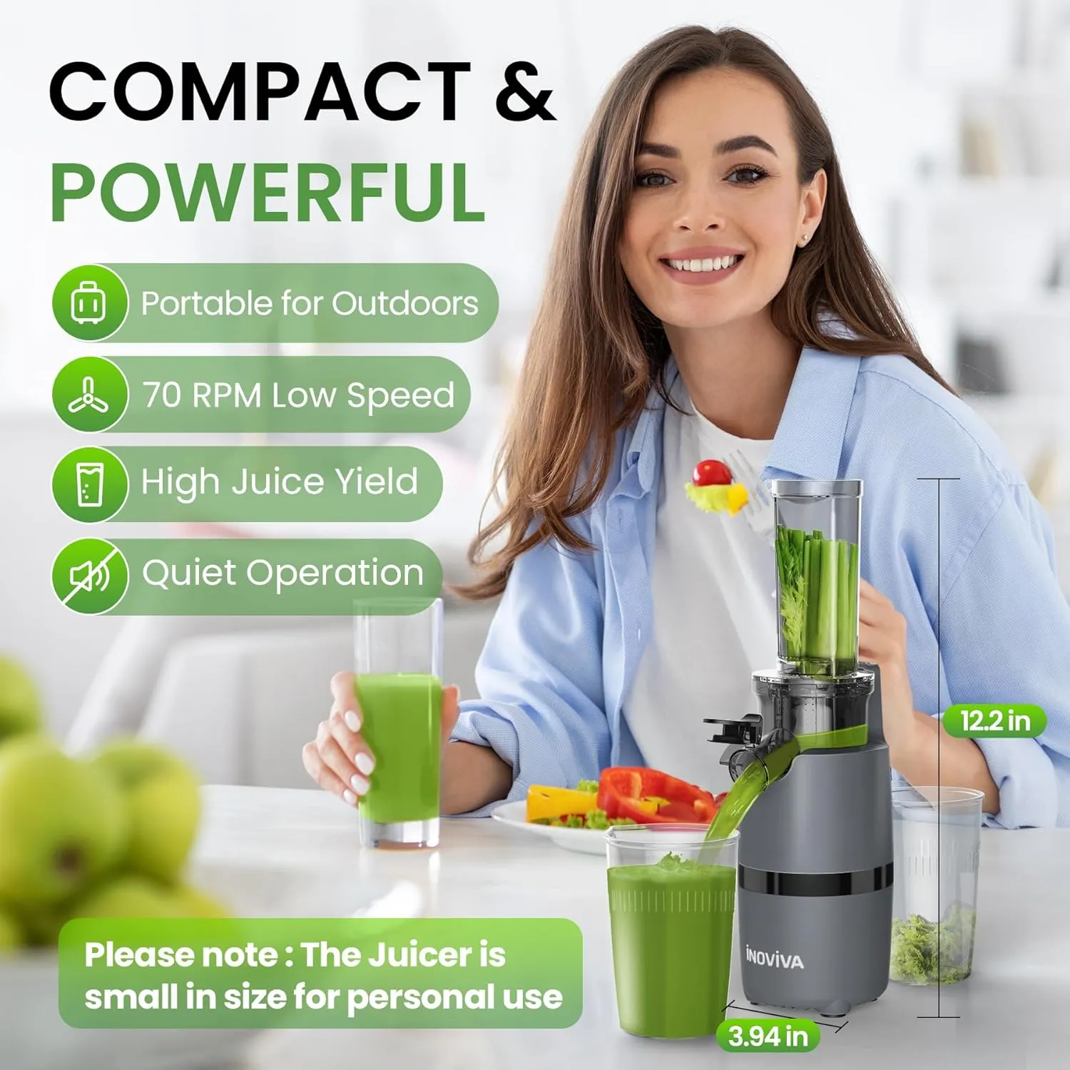 Cold Press Juicer, INOVIVA Masticating Juicer Machines Compact, Slow Juicer with 70 RPM Low Speed, Juice Maker for Vegetable & Fruit, Portable Juice Extractor High Juice Yield & Easy to Clean, Grey