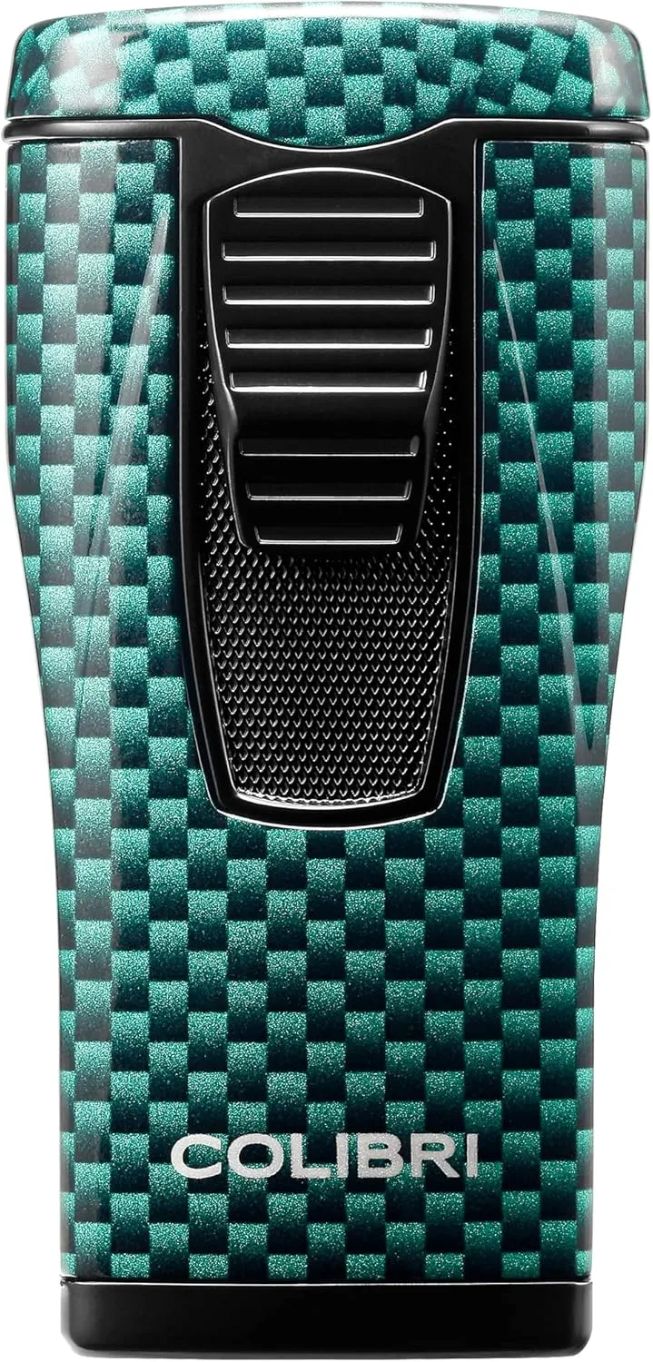 Colibri Monaco Triple Jet Flame Cigar Lighter, Wind Resistant, Blue Illusion Fuel Window, Refillable Butane (Green Carbon Fiber)
