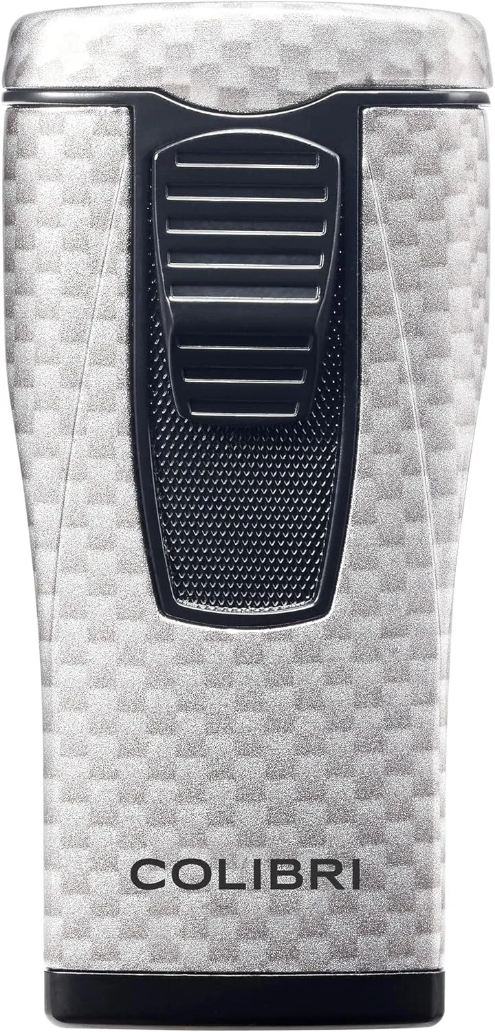 Colibri Monaco Triple Jet Flame Cigar Lighter, Wind Resistant, Blue Illusion Fuel Window, Refillable Butane (Silver Carbon Fiber)