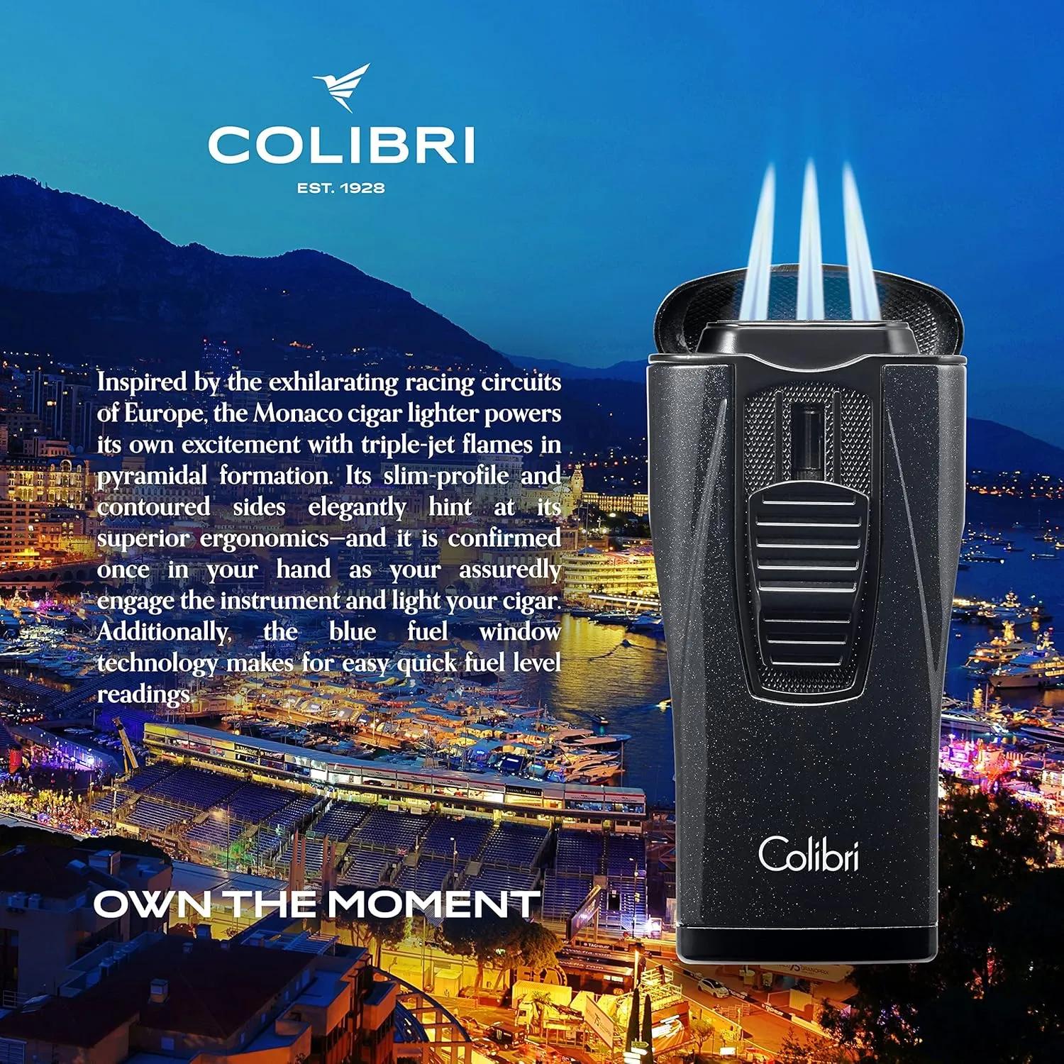 Colibri Monaco Triple Jet Flame Lighter - Windproof & Refillable, Cigar Enthusiast's Choice with Blue Fuel Window and Adjustable Flame (Metallic Black)