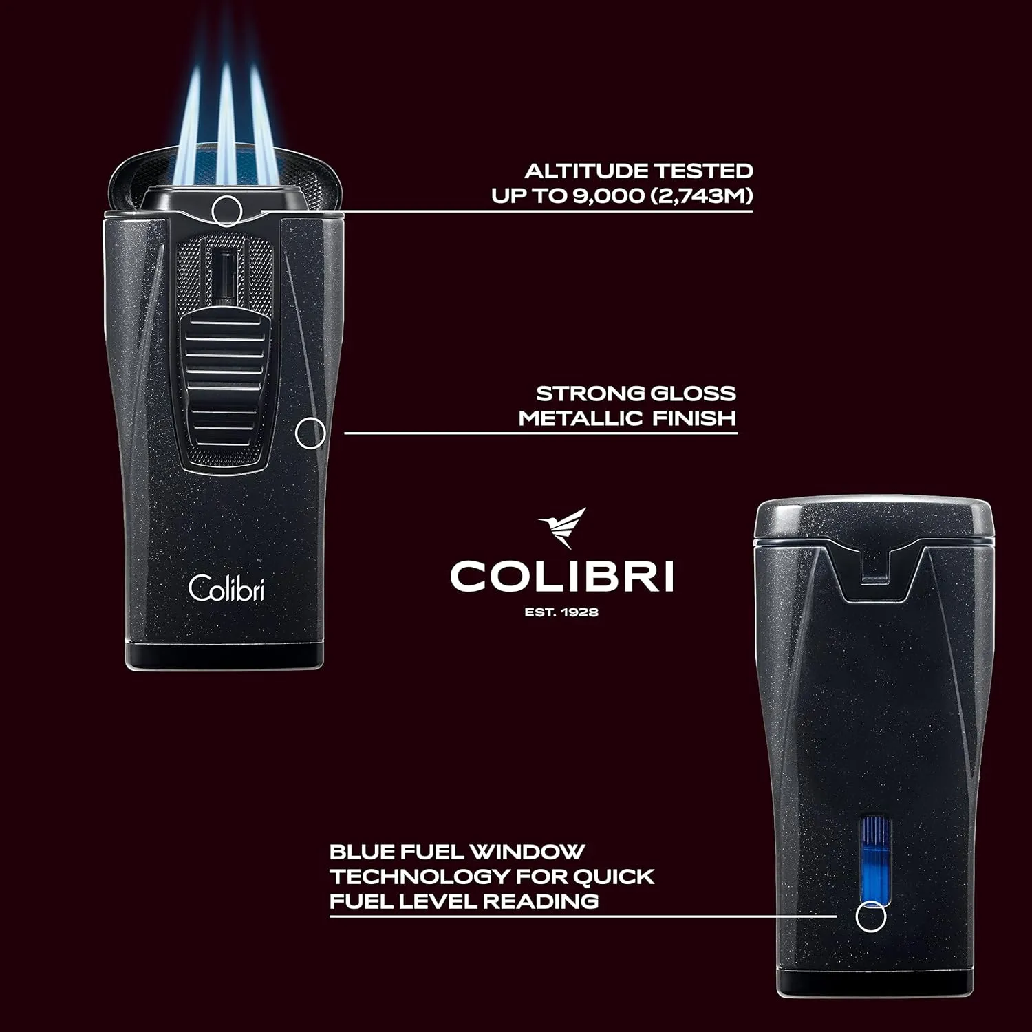 Colibri Monaco Triple Jet Flame Lighter - Windproof & Refillable, Cigar Enthusiast's Choice with Blue Fuel Window and Adjustable Flame (Metallic Black)