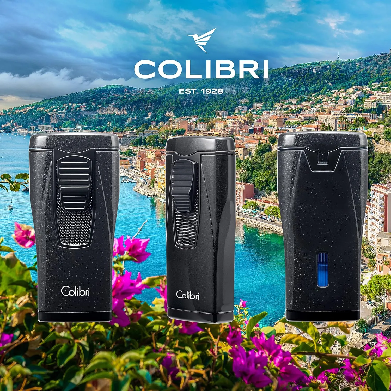 Colibri Monaco Triple Jet Flame Lighter - Windproof & Refillable, Cigar Enthusiast's Choice with Blue Fuel Window and Adjustable Flame (Metallic Black)