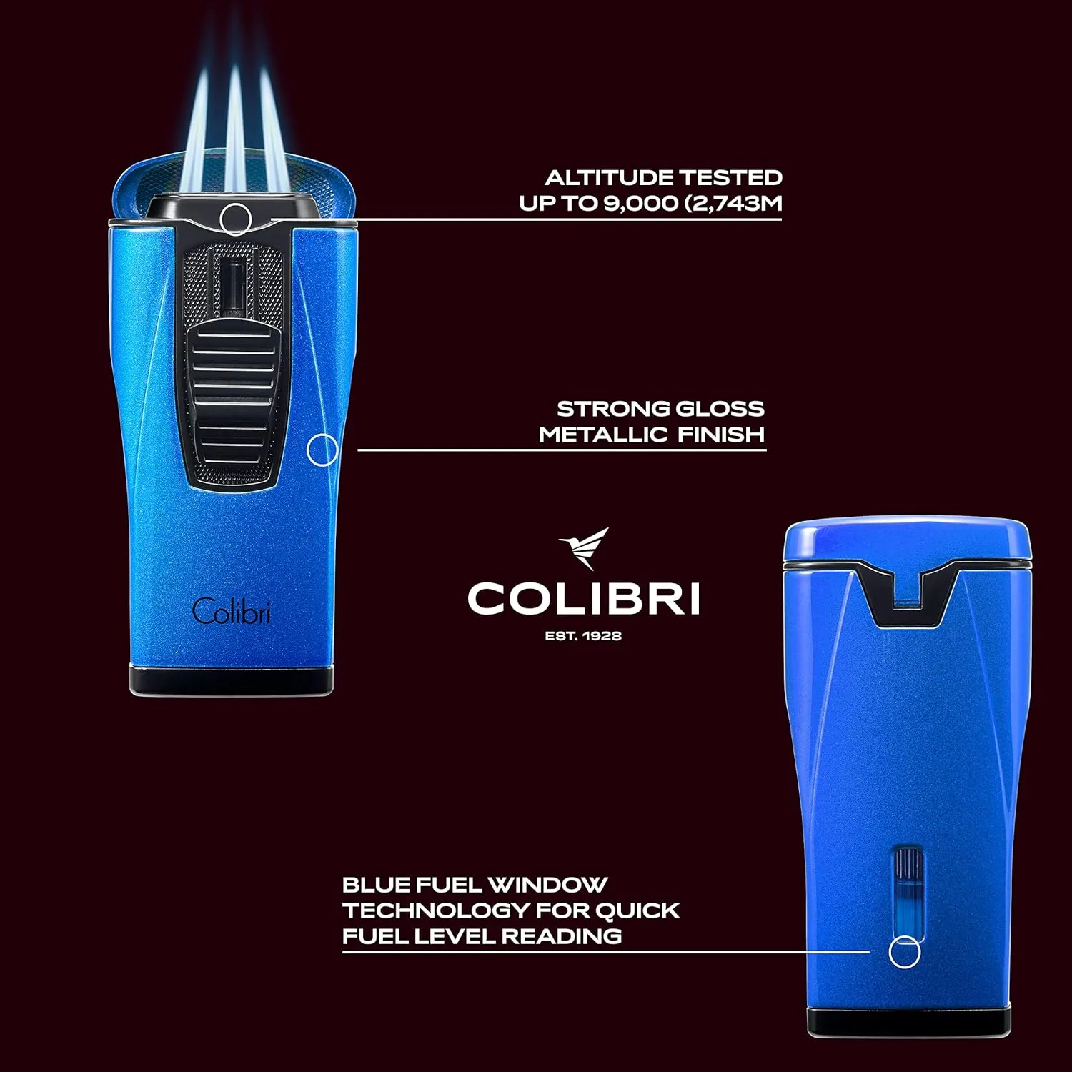 Colibri Monaco Triple Jet Flame Lighter - Windproof & Refillable, Cigar Enthusiast's Choice with Blue Fuel Window and Adjustable Flame (Metallic Blue)