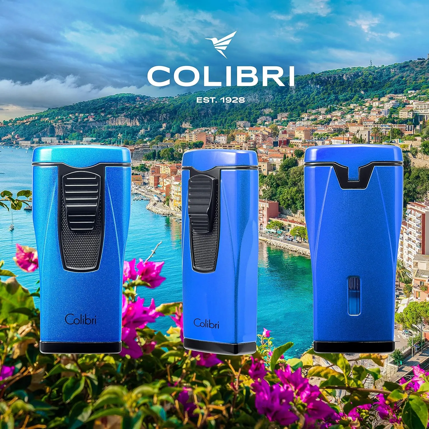 Colibri Monaco Triple Jet Flame Lighter - Windproof & Refillable, Cigar Enthusiast's Choice with Blue Fuel Window and Adjustable Flame (Metallic Blue)