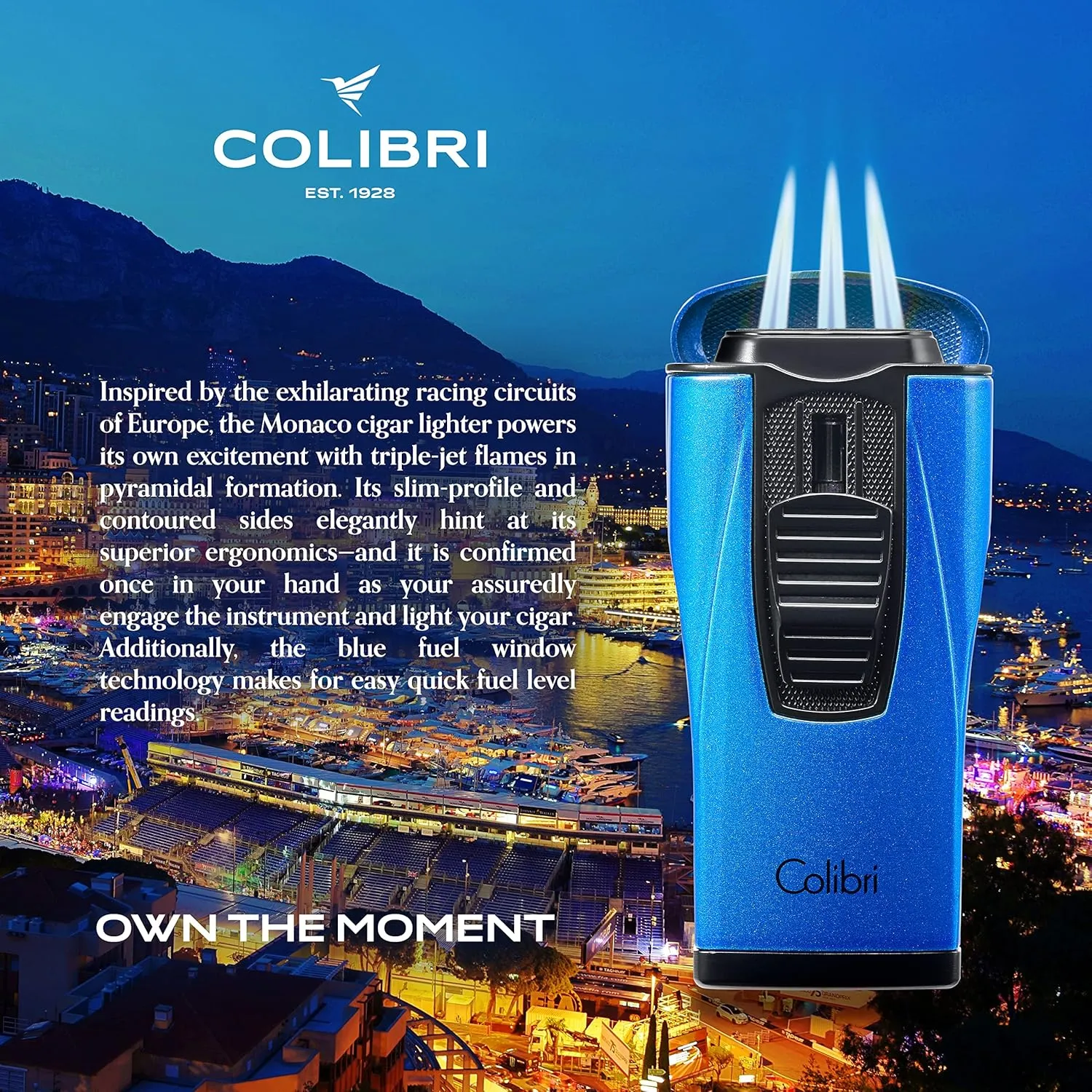 Colibri Monaco Triple Jet Flame Lighter - Windproof & Refillable, Cigar Enthusiast's Choice with Blue Fuel Window and Adjustable Flame (Metallic Blue)