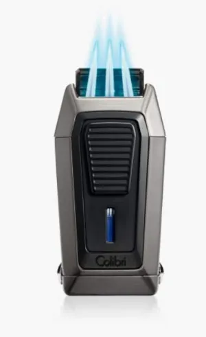 Colibri Quantum Triple Jet Lighter with Integrated Spring Loaded V-Cut Cigar Cutter for up to a Large 60  Ring Gauge, Wind Resistant, Altitude Tested, Refillable Butane (Gunmetal)