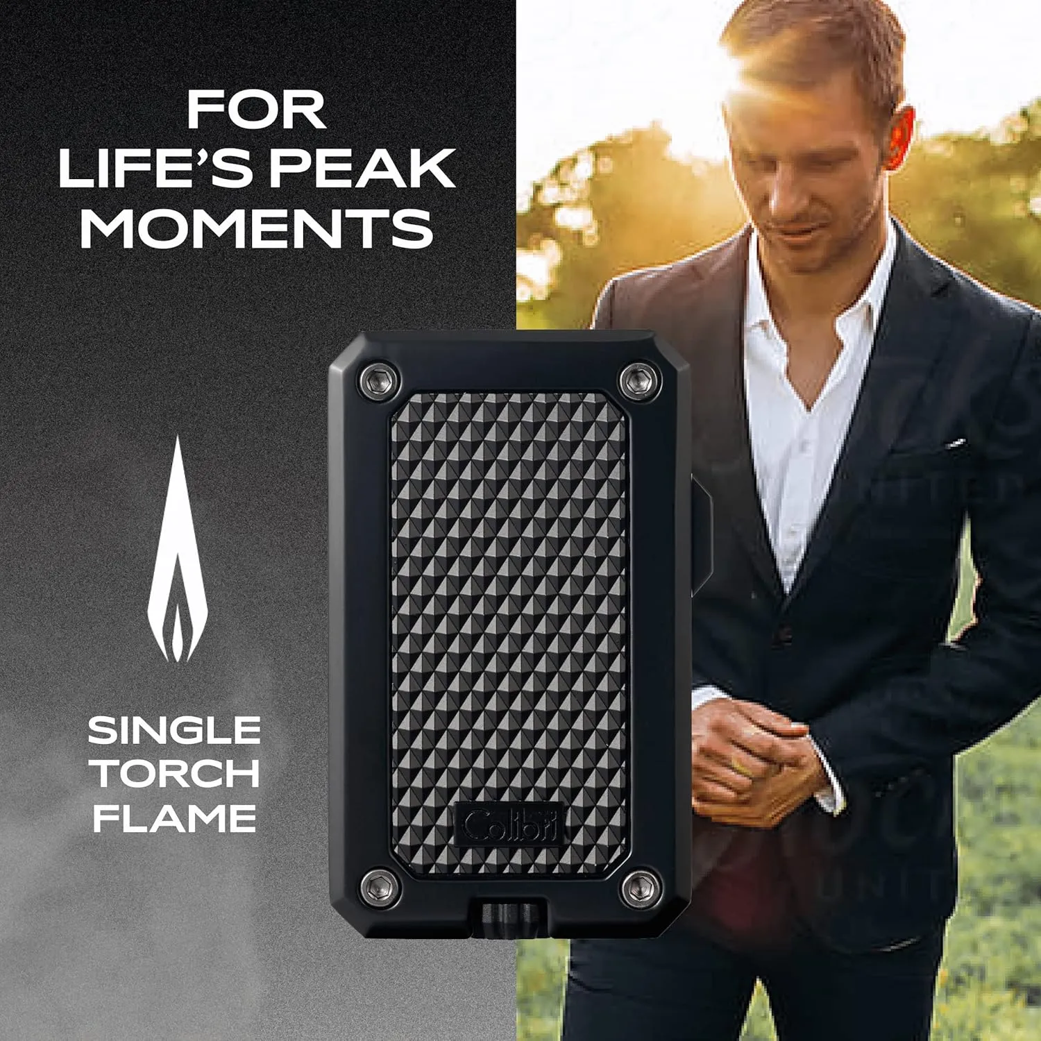 Colibri Rally Single Jet Flame Butane Lighter, Windproof & Refillable, Cigar Enthusiast's Choice with Blue Fuel Window and Adjustable Flame (Black)