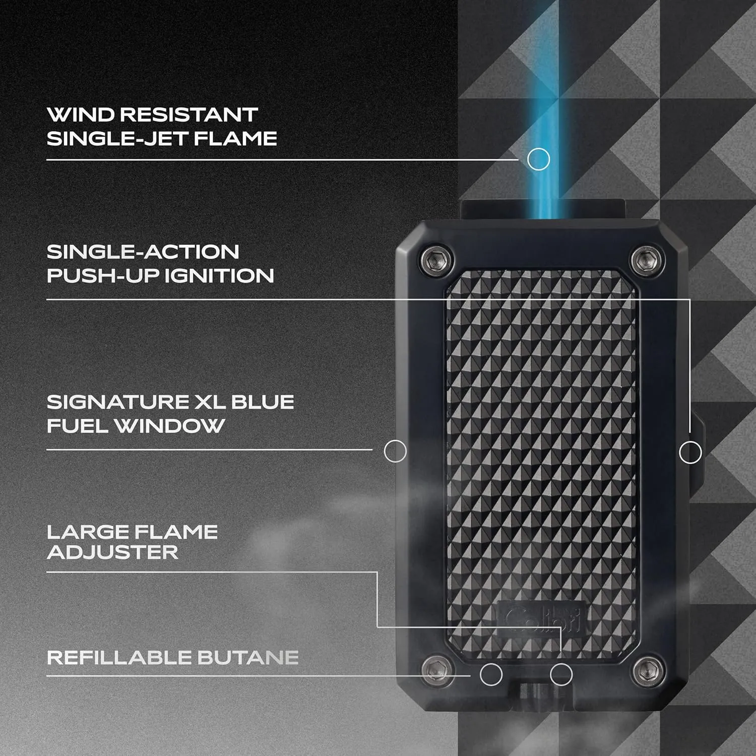 Colibri Rally Single Jet Flame Butane Lighter, Windproof & Refillable, Cigar Enthusiast's Choice with Blue Fuel Window and Adjustable Flame (Black)