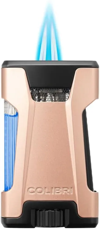 Colibri Rebel Double Jet Flame Butane Lighter, Windproof & Refillable, Cigar Enthusiast's Choice with Blue Fuel Window and Adjustable Flame (Matte Rose Gold   Black)