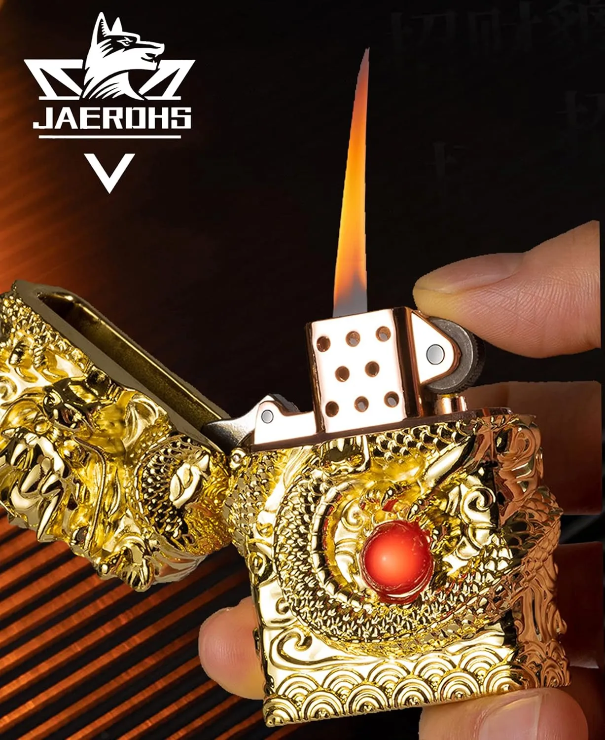 Cool Lighters, Windproof Carving Dragon Antique Lighter, Reusable Kerosene Grinding Wheel Lighter for Collection, Decorative, Gift, Present (Without Fuel) (Gold)
