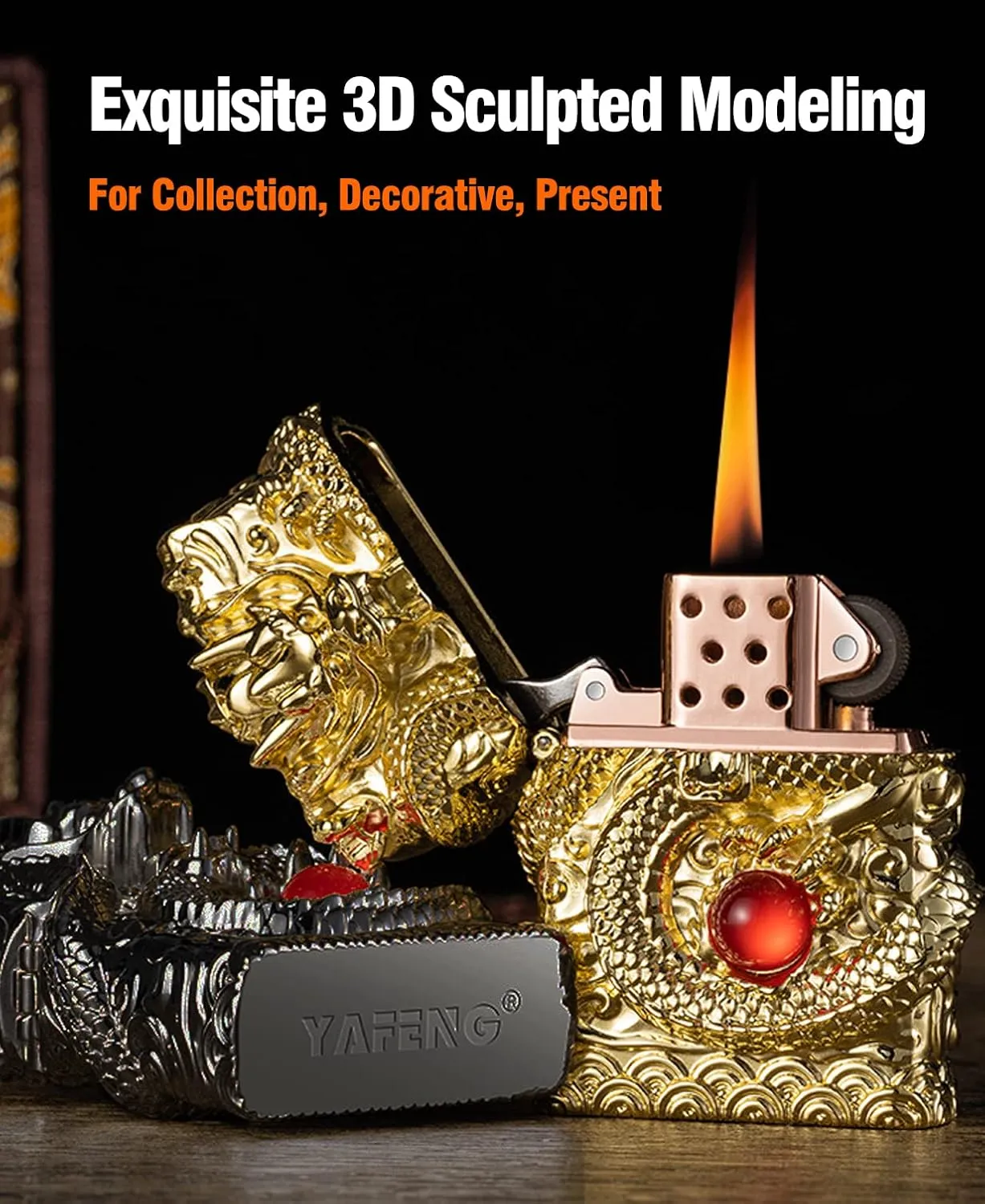 Cool Lighters, Windproof Carving Dragon Antique Lighter, Reusable Kerosene Grinding Wheel Lighter for Collection, Decorative, Gift, Present (Without Fuel) (Gold)