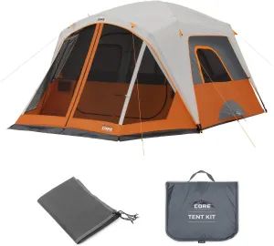 CORE 6 Person Straight Wall Cabin Tent with Screen Room with Footprint and Tent Kit