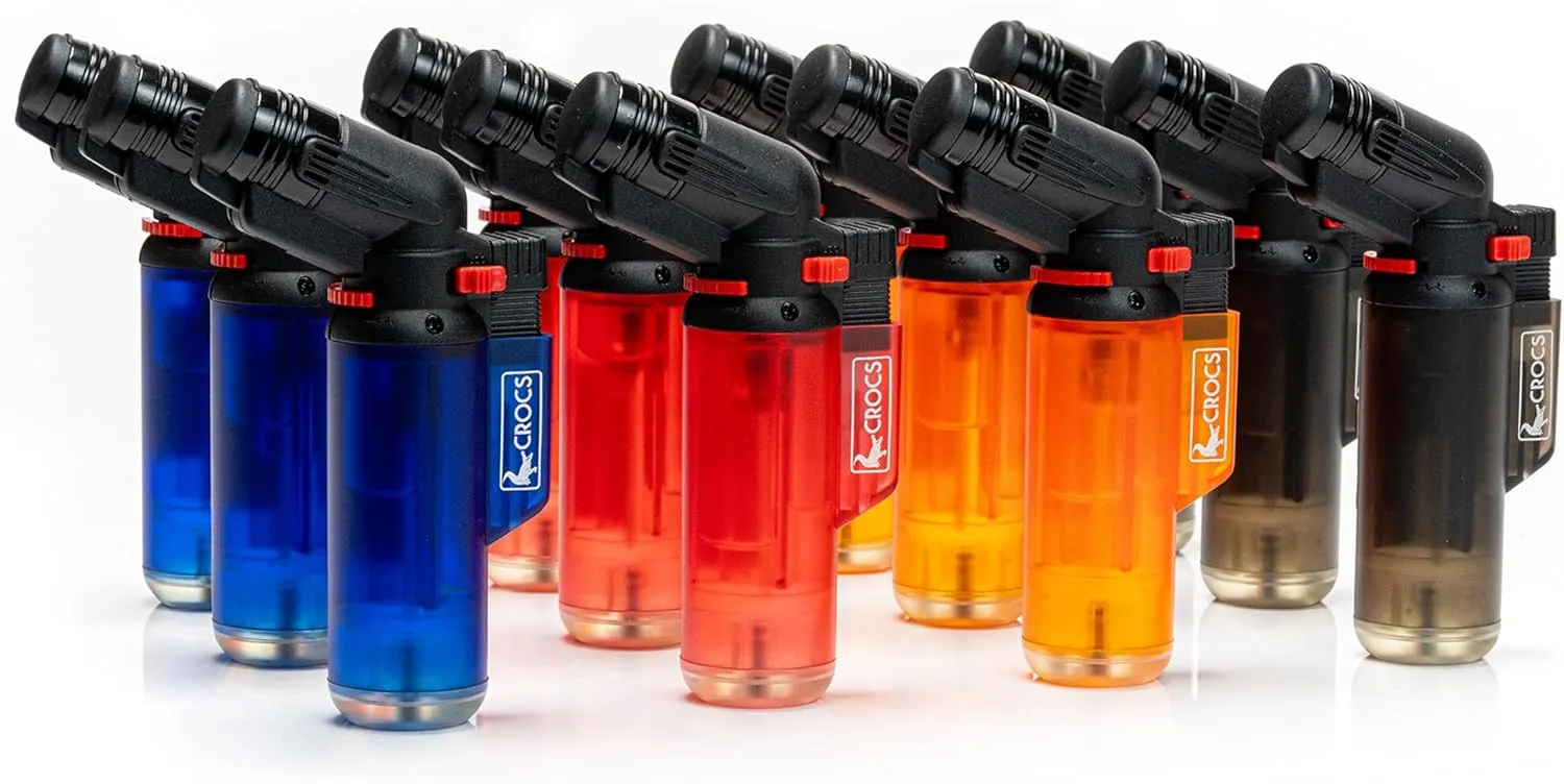 Crocs Torch Lighter, 12-Pack Refillable Butane Torch Lighters, Windproof, Safety Lock, Modern Plastic Design, Multicolor
