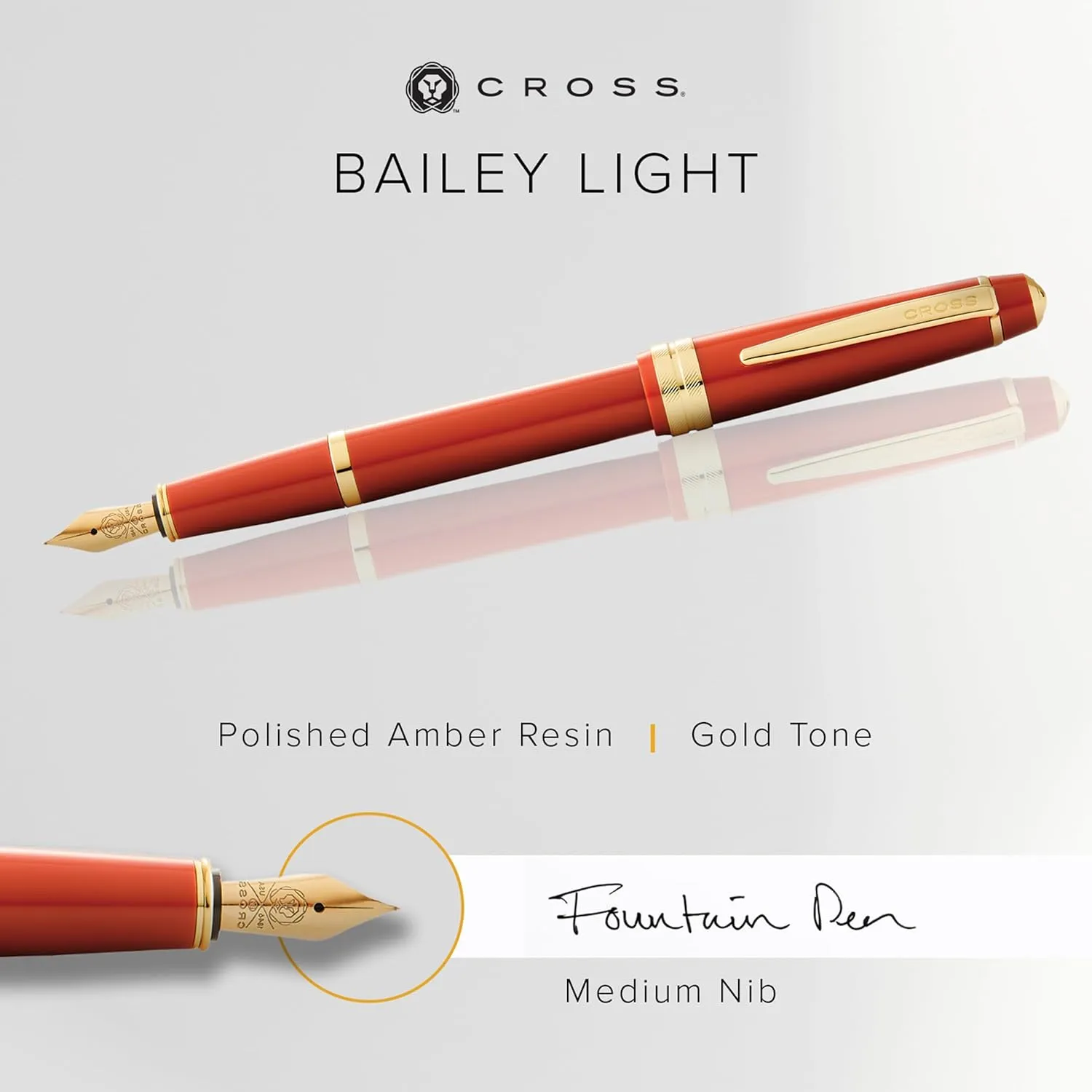 Cross Bailey Light Refillable Fountain Presented in a Everyday Gift Box - Medium Point, Black Ink, Polished Amber