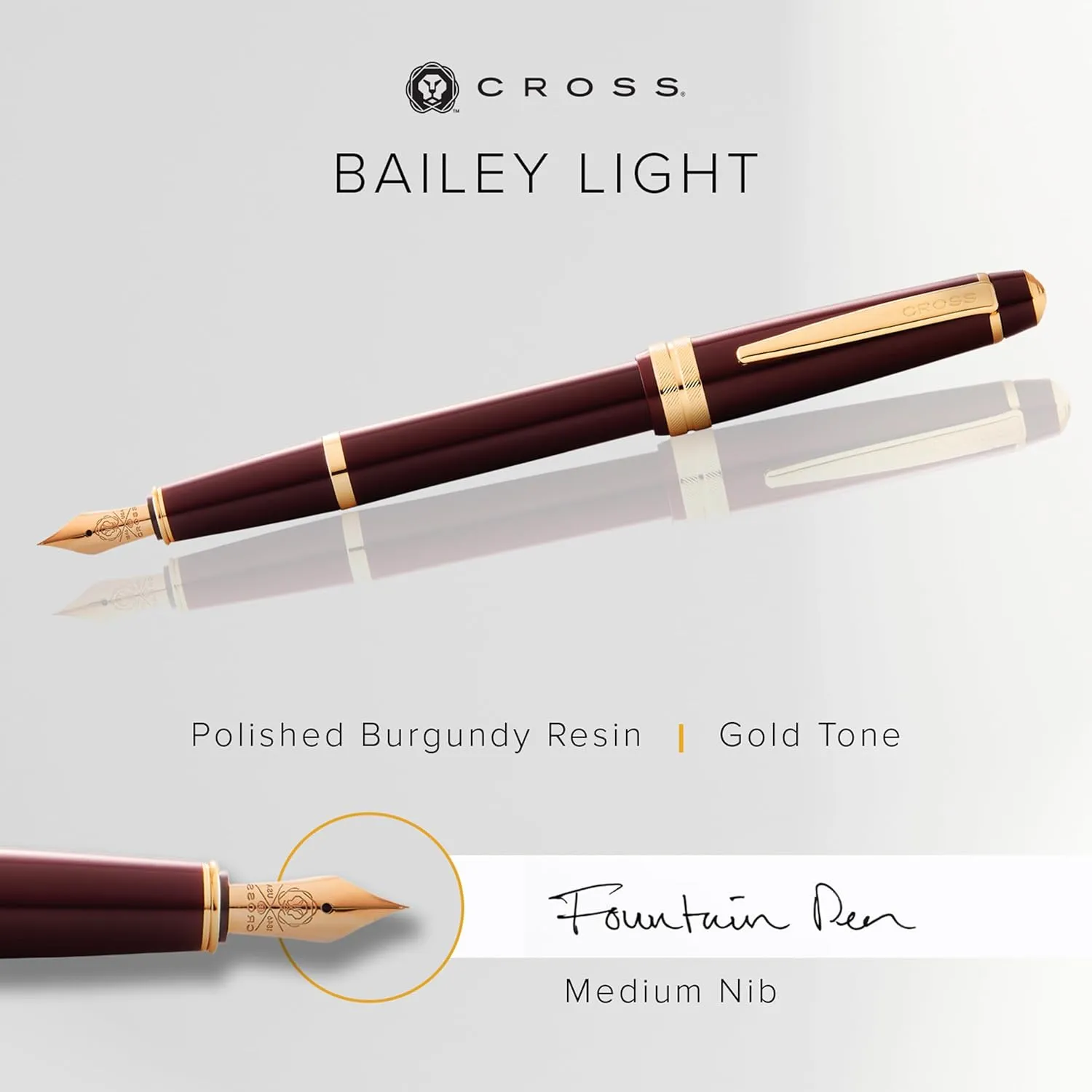 Cross Bailey Light Refillable Fountain Presented in a Everyday Gift Box - Medium Point, Black Ink, Polished Burgundy