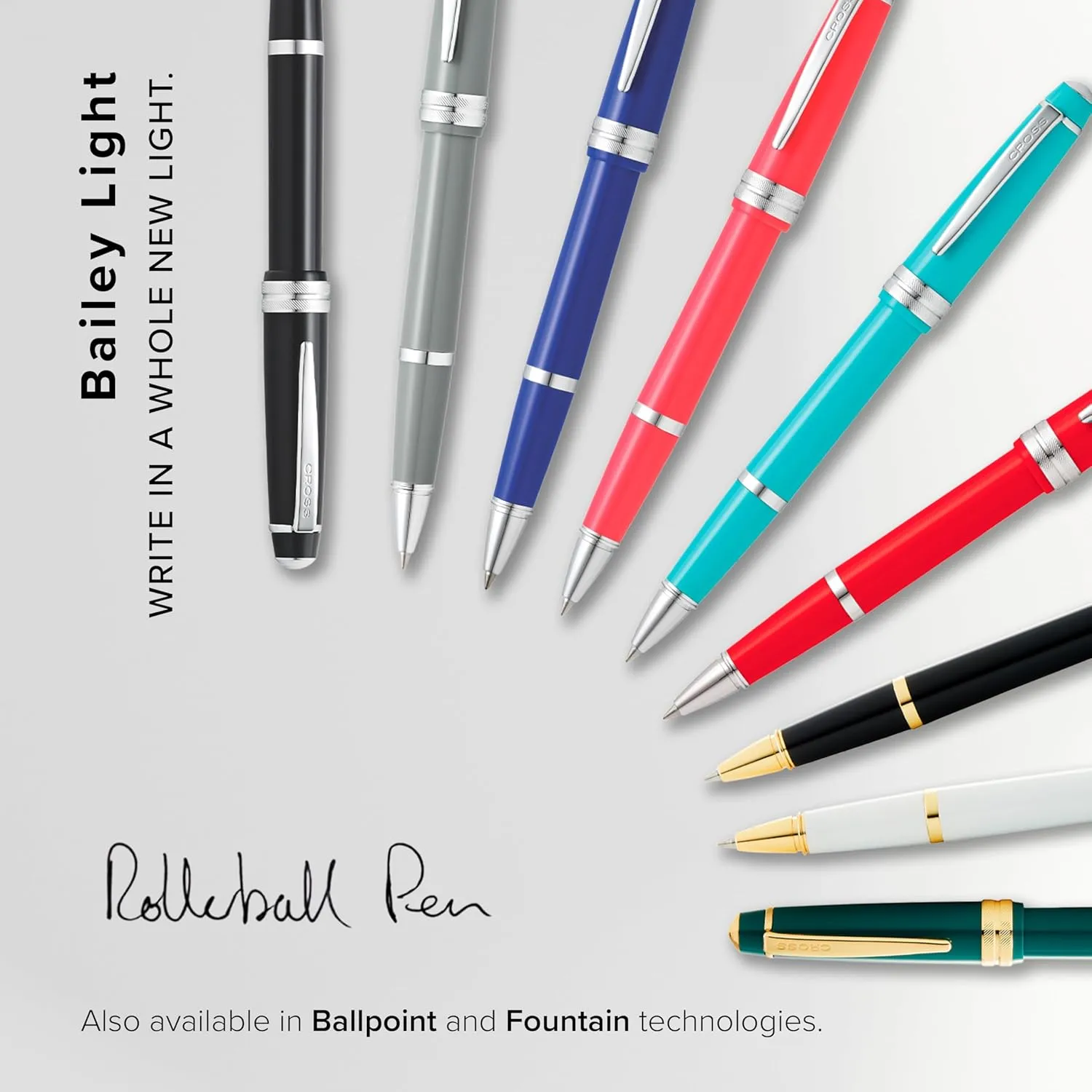 Cross Bailey Light Refillable Rollerball Pen Presented in a Everyday Gift Box - Medium Point, Black Ink, Polished White