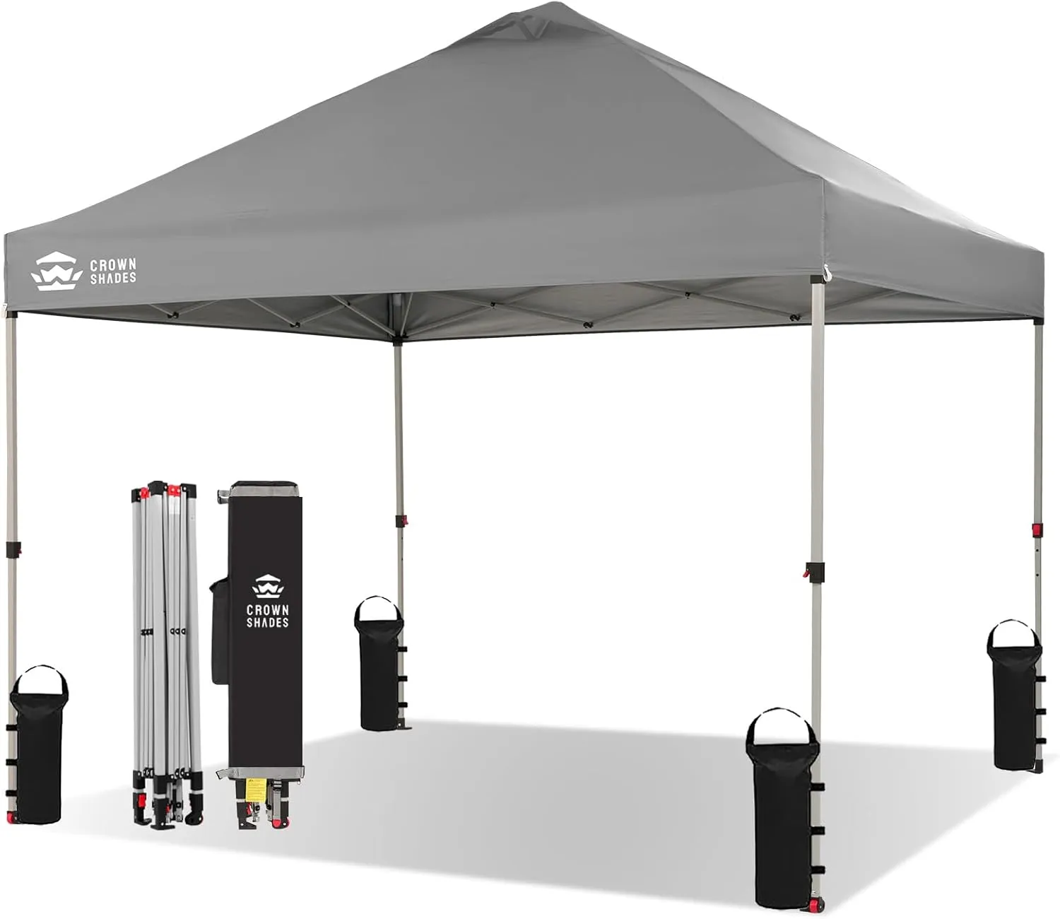CROWN SHADES 10x10 Pop Up Canopy - Beach Tent with One Push Setup - Easy Outdoor Sun Shade Shelter for Events, Parties - Gazebo with STO-N-Go Cover Bag, Silver Coated Top,Light Gray