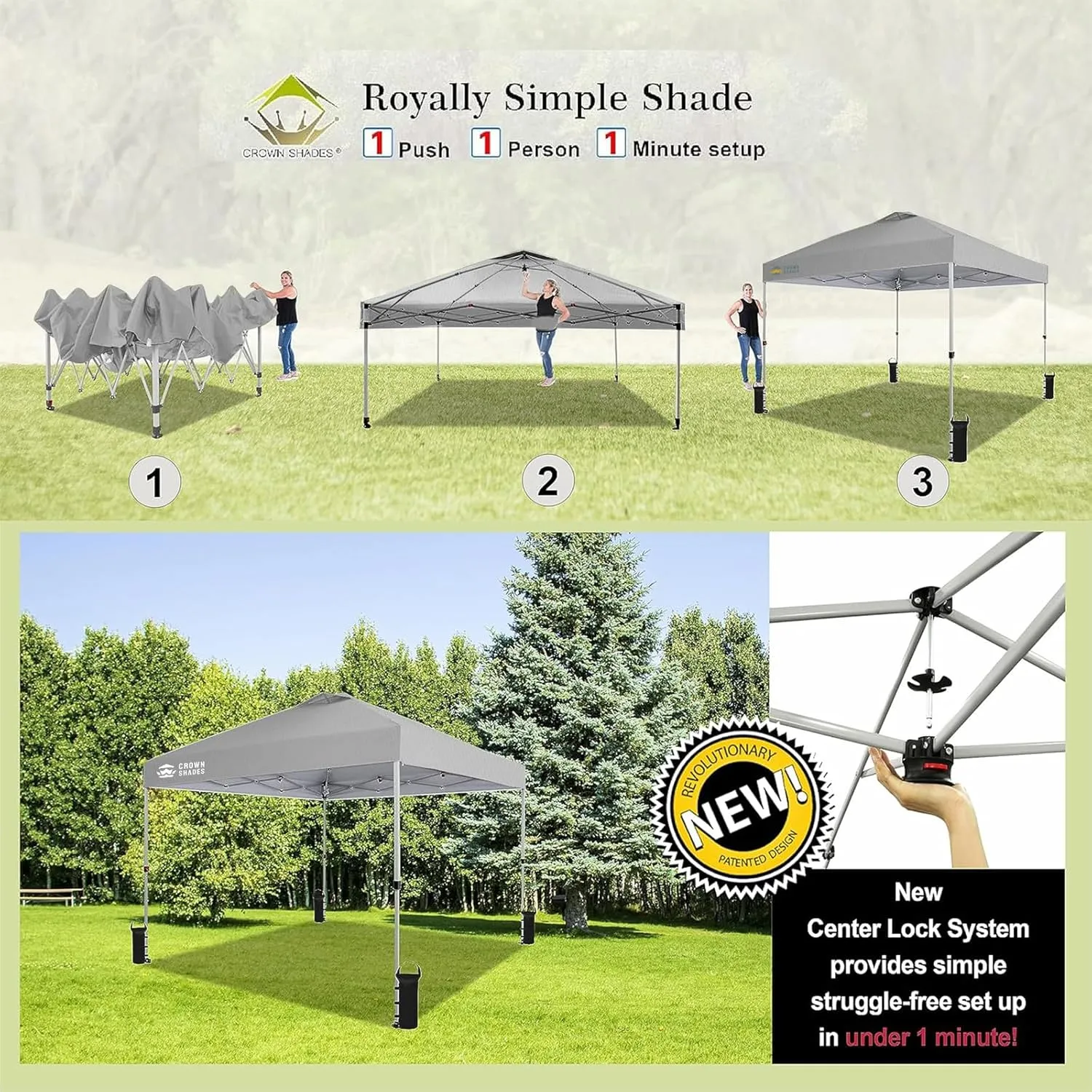 CROWN SHADES 10x10 Pop Up Canopy - Beach Tent with One Push Setup - Easy Outdoor Sun Shade Shelter for Events, Parties - Gazebo with STO-N-Go Cover Bag, Silver Coated Top,Light Gray