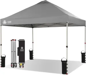 CROWN SHADES 10x10 Pop Up Canopy - Beach Tent with One Push Setup - Easy Outdoor Sun Shade Shelter for Events, Parties - Gazebo with STO-N-Go Cover Bag, Silver Coated Top,Light Gray