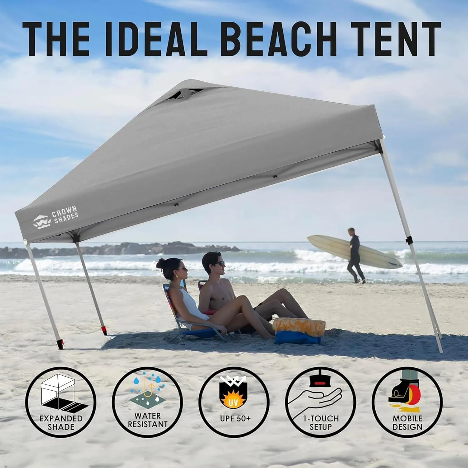 CROWN SHADES 10x10 Pop Up Canopy - Beach Tent with One Push Setup - Easy Outdoor Sun Shade Shelter for Events, Parties - Gazebo with STO-N-Go Cover Bag, Silver Coated Top,Light Gray