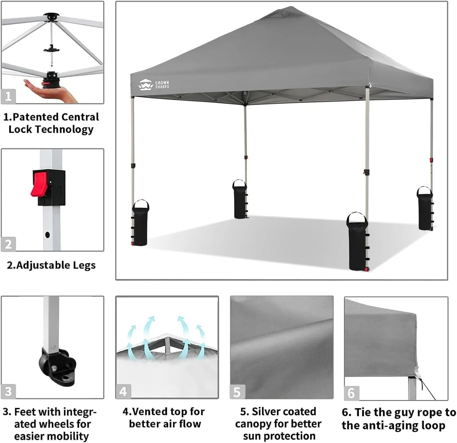 CROWN SHADES 10x10 Pop Up Canopy - Beach Tent with One Push Setup - Easy Outdoor Sun Shade Shelter for Events, Parties - Gazebo with STO-N-Go Cover Bag, Silver Coated Top,Light Gray