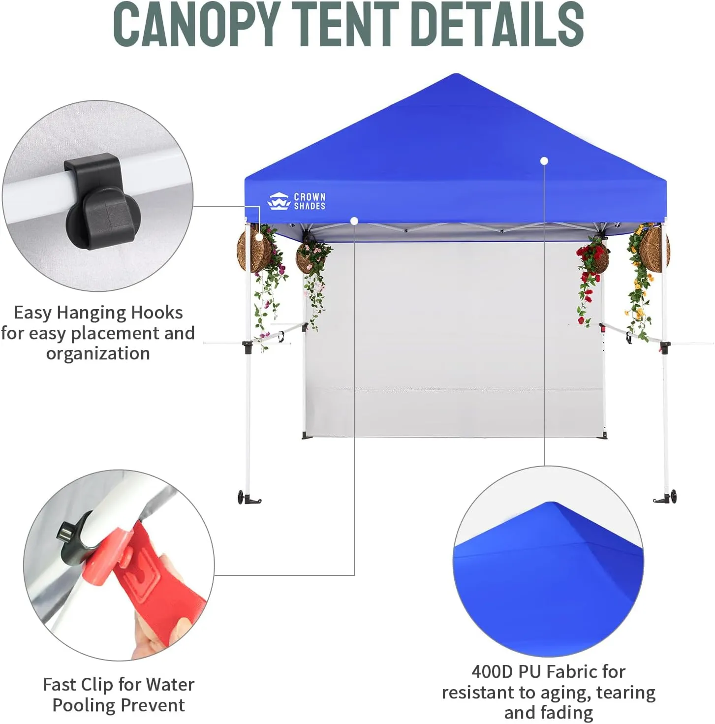 CROWN SHADES 10x10 Pop Up Canopy Tent with 1 Comercial Kit, Instant Commercial Tent with Patended Centerlock, 400D Silver Coated Fabric, 1 Sidewall, 4" Wheels, Sto'N Go Bag,Blue