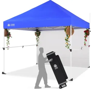 CROWN SHADES 10x10 Pop Up Canopy Tent with 1 Comercial Kit, Instant Commercial Tent with Patended Centerlock, 400D Silver Coated Fabric, 1 Sidewall, 4" Wheels, Sto'N Go Bag,Blue