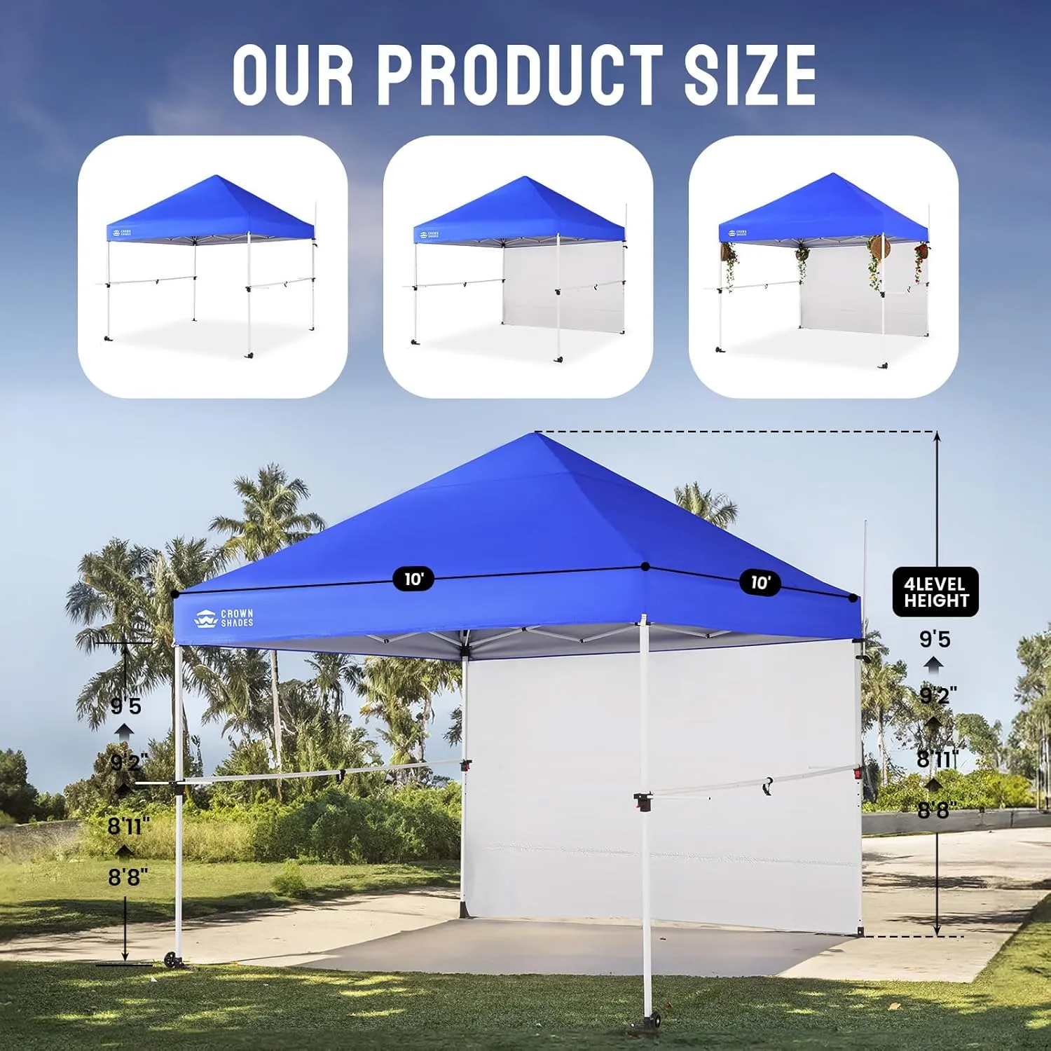 CROWN SHADES 10x10 Pop Up Canopy Tent with 1 Comercial Kit, Instant Commercial Tent with Patended Centerlock, 400D Silver Coated Fabric, 1 Sidewall, 4" Wheels, Sto'N Go Bag,Blue