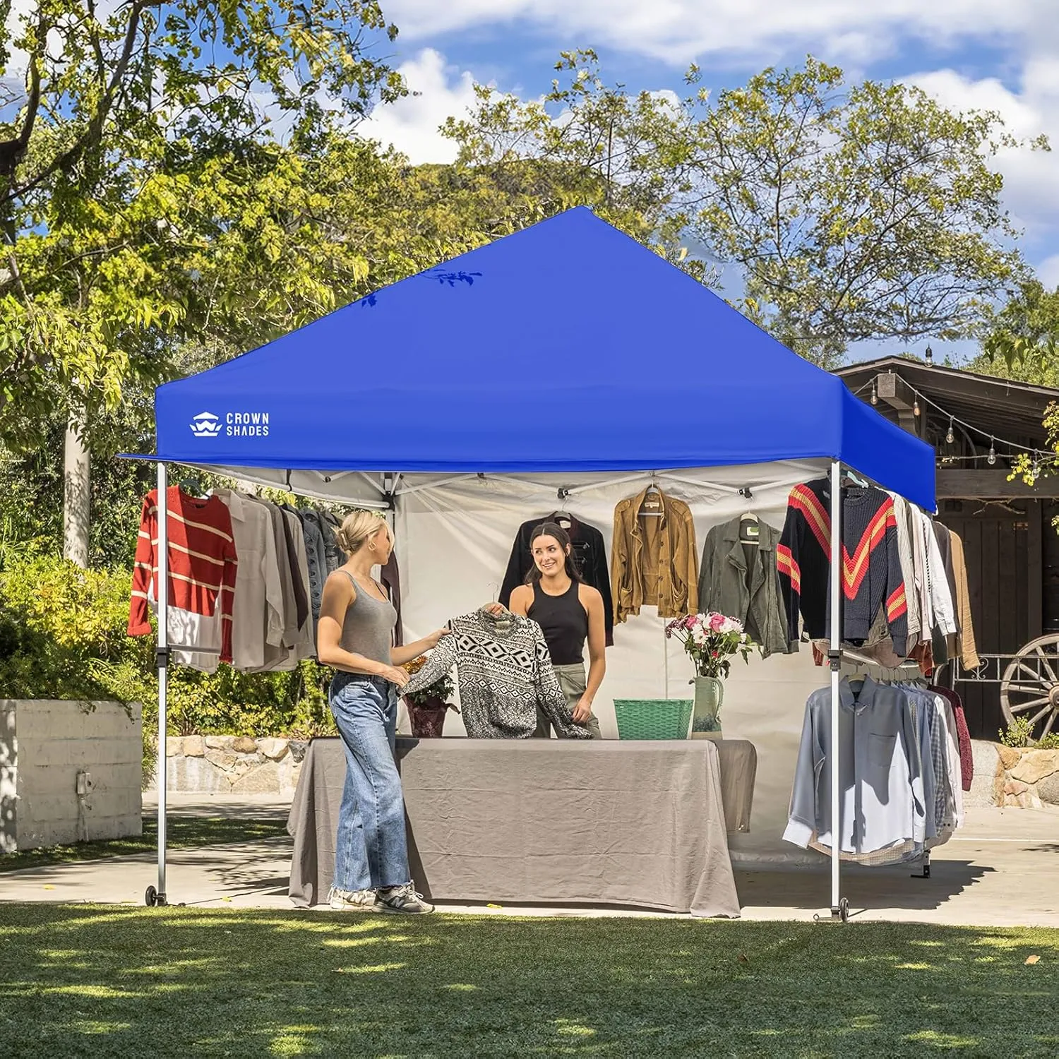 CROWN SHADES 10x10 Pop Up Canopy Tent with 1 Comercial Kit, Instant Commercial Tent with Patended Centerlock, 400D Silver Coated Fabric, 1 Sidewall, 4" Wheels, Sto'N Go Bag,Blue