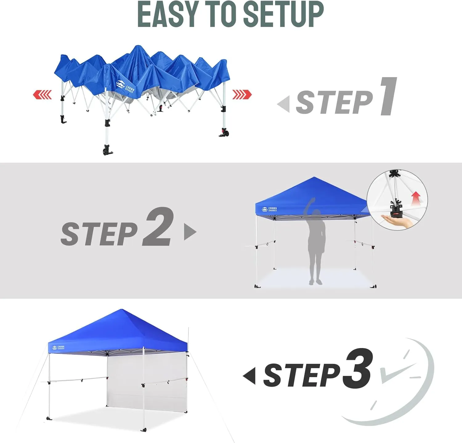 CROWN SHADES 10x10 Pop Up Canopy Tent with 1 Comercial Kit, Instant Commercial Tent with Patended Centerlock, 400D Silver Coated Fabric, 1 Sidewall, 4" Wheels, Sto'N Go Bag,Blue