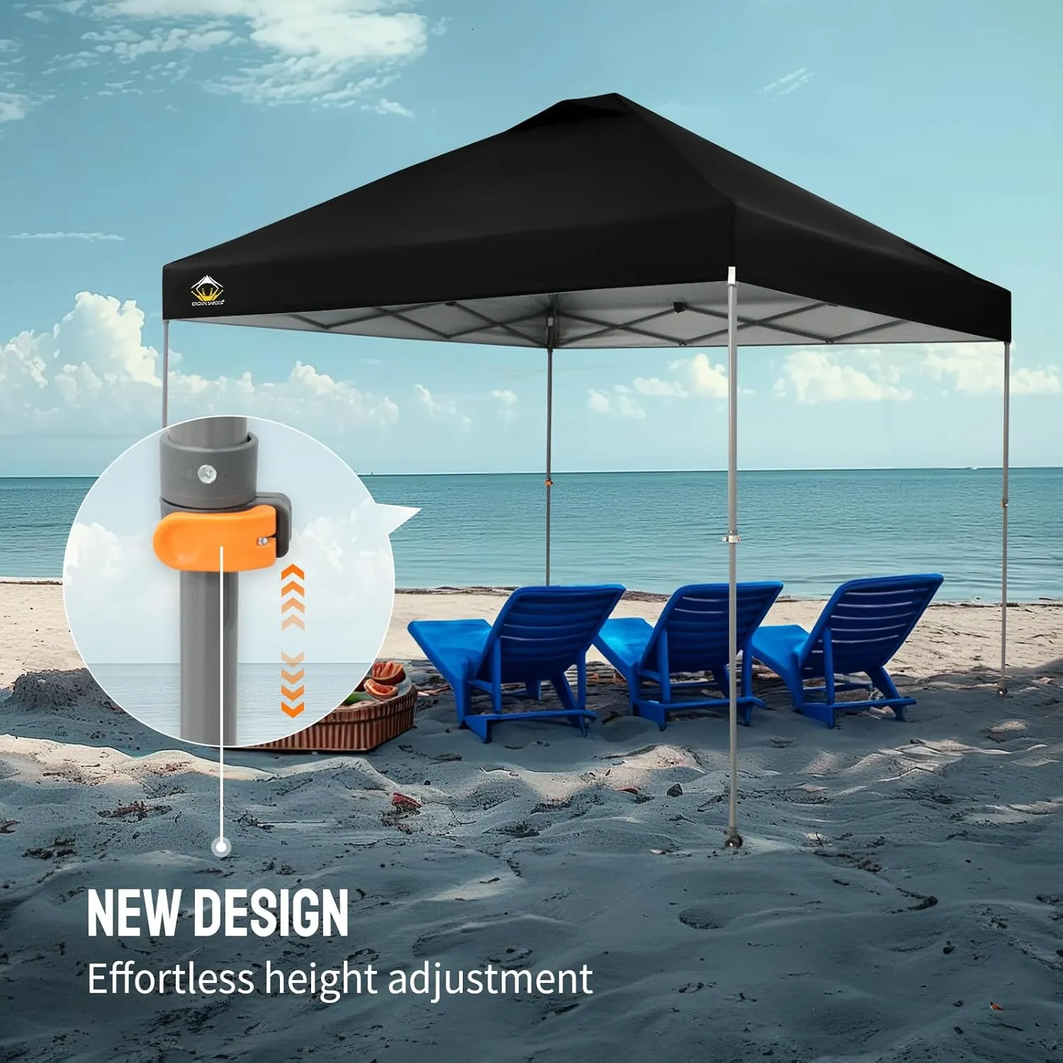 CROWN SHADES Adjustable Height on The Fly, 10x10 Pop Up Canopy - Beach Tent with One Push Setup - Easy Outdoor Sun Shade for Events, Parties, Camping - Outside Shade with STO-N-Go Bag, Black